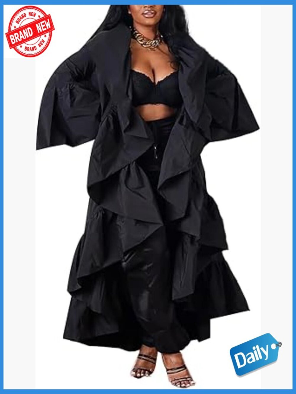 Open Front Ruffle Maxi Cardigan Long Sleeve Trench Coat